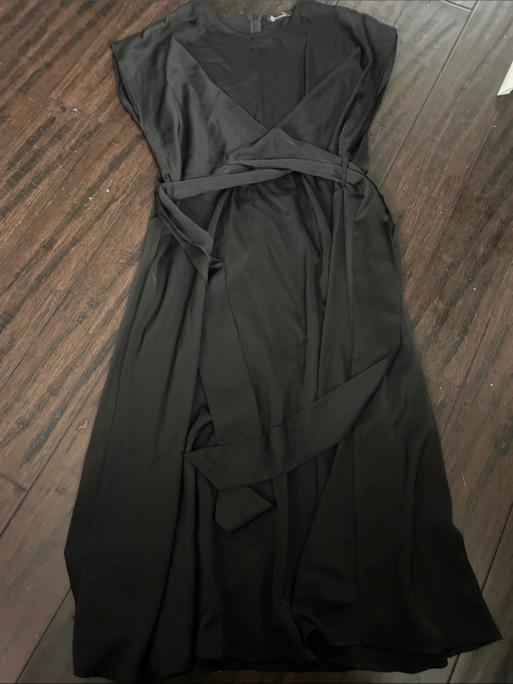 Black Midi Wrap Dress with Self-Tie Waist